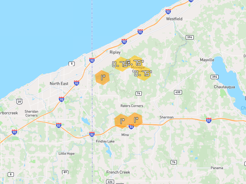 Hail map of Ripley, NY on Jul 21, 2026, hail up to 1"