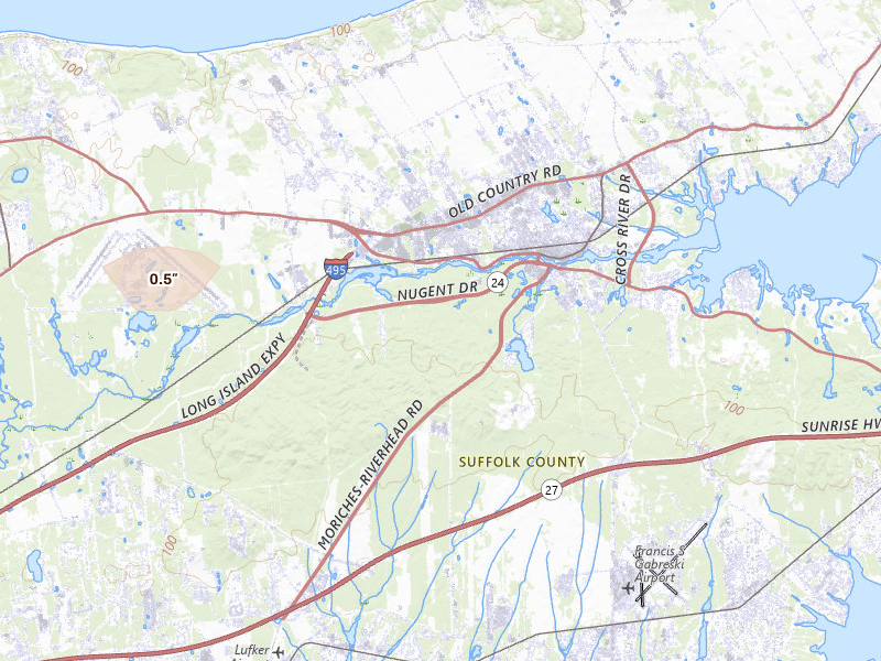 Radar-estimated hail-size map of the storm over Riverhead, NY on Jul 4, 2026