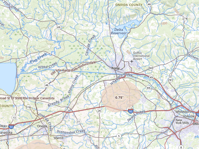 Radar-estimated hail-size map of the storm over Rome, NY on Jul 1, 2026