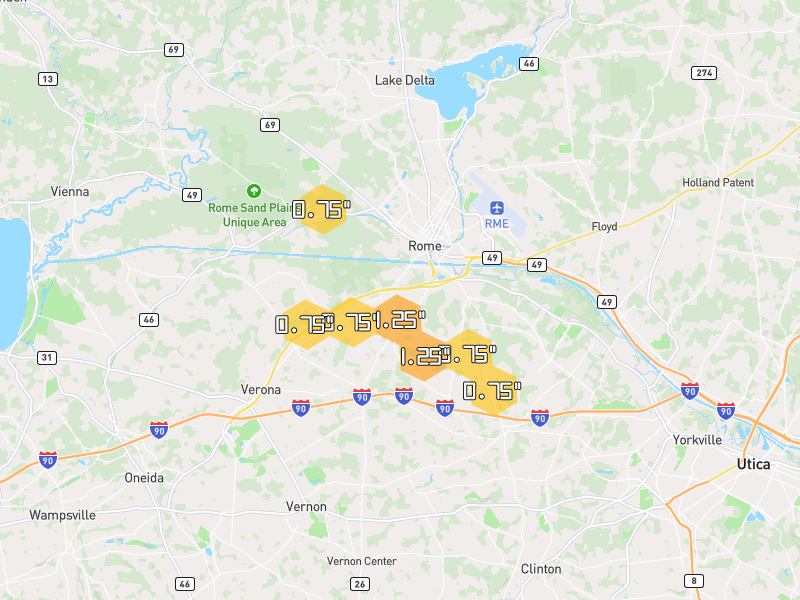 Hail map of Rome, NY on Jul 1, 2026, hail up to 1.25"