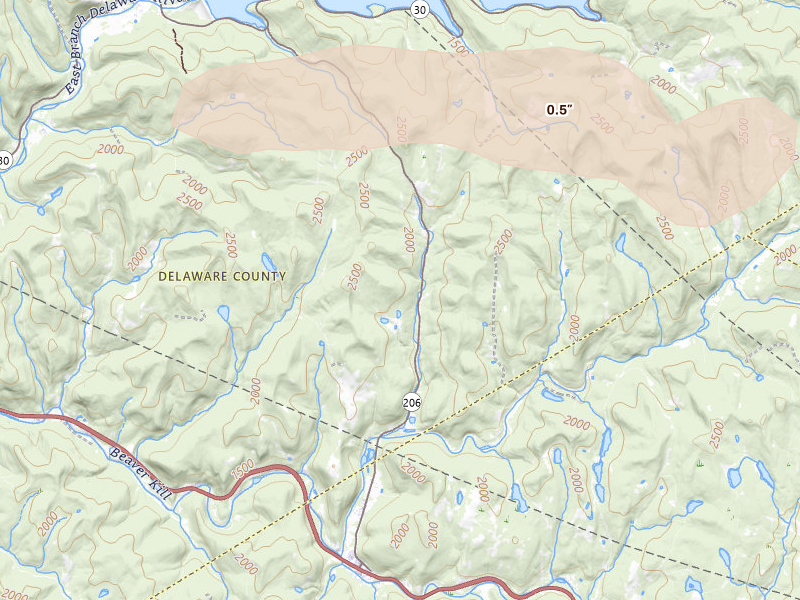 Radar-estimated hail-size map of the storm over Roscoe, NY on Aug 8, 2026