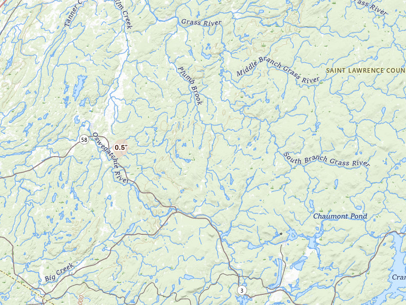 Radar-estimated hail-size map of the storm over Russell, NY on Jul 1, 2026