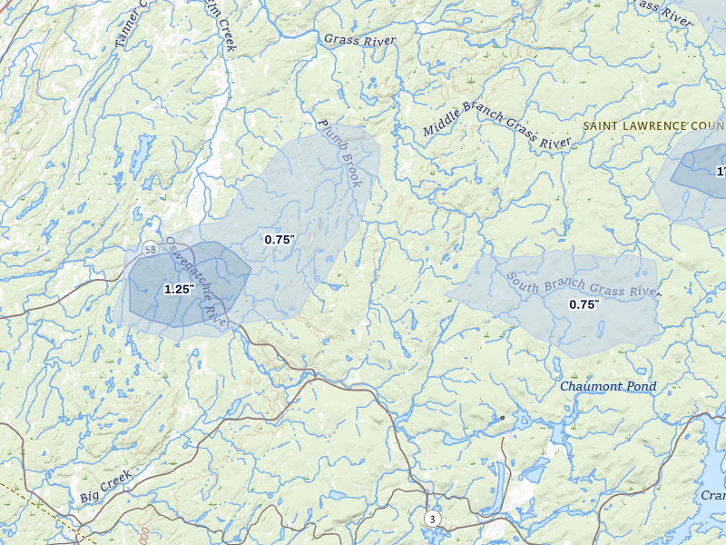 NEXRAD radar-signature map of the hail storm over Russell, NY on Jul 1, 2026