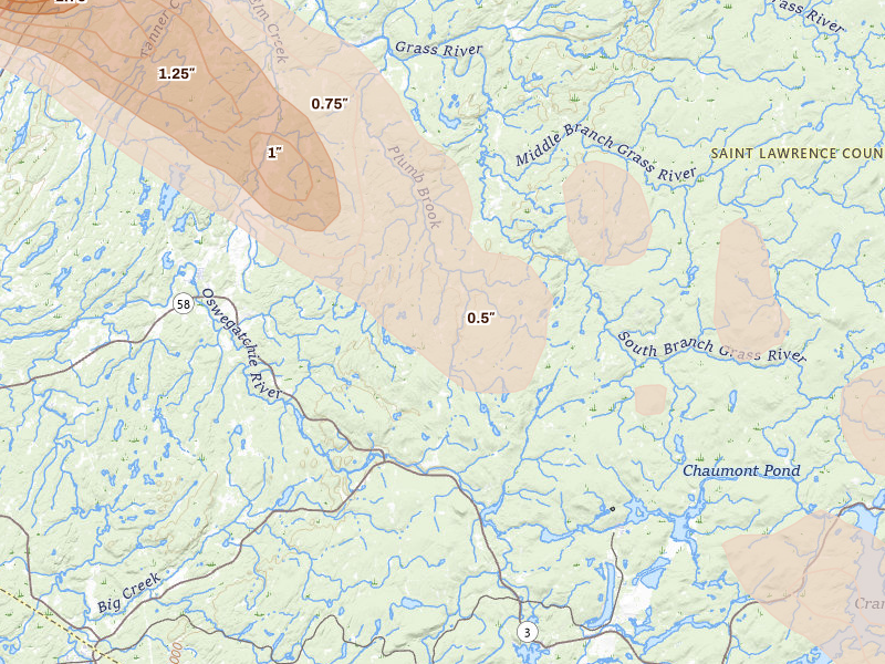 Radar-estimated hail-size map of the storm over Russell, NY on Jul 14, 2026