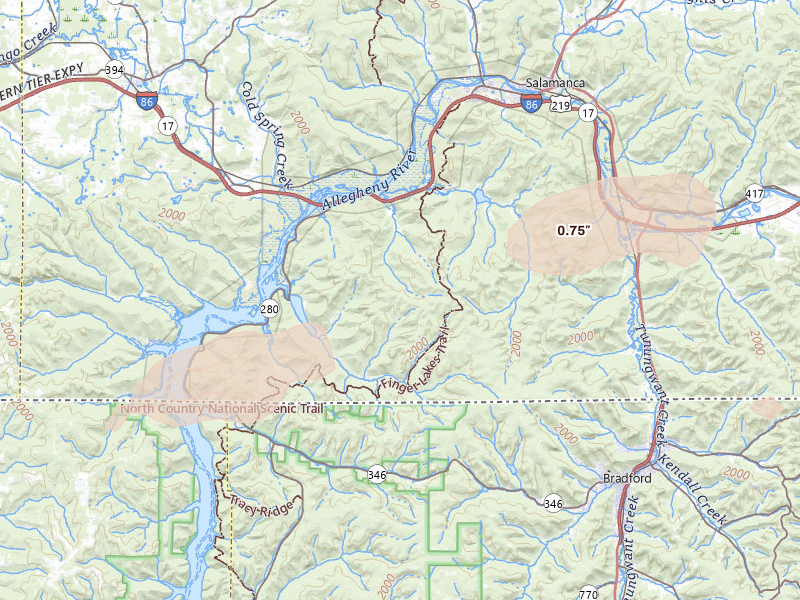 Radar-estimated hail-size map of the storm over Salamanca, NY on Jul 27, 2026