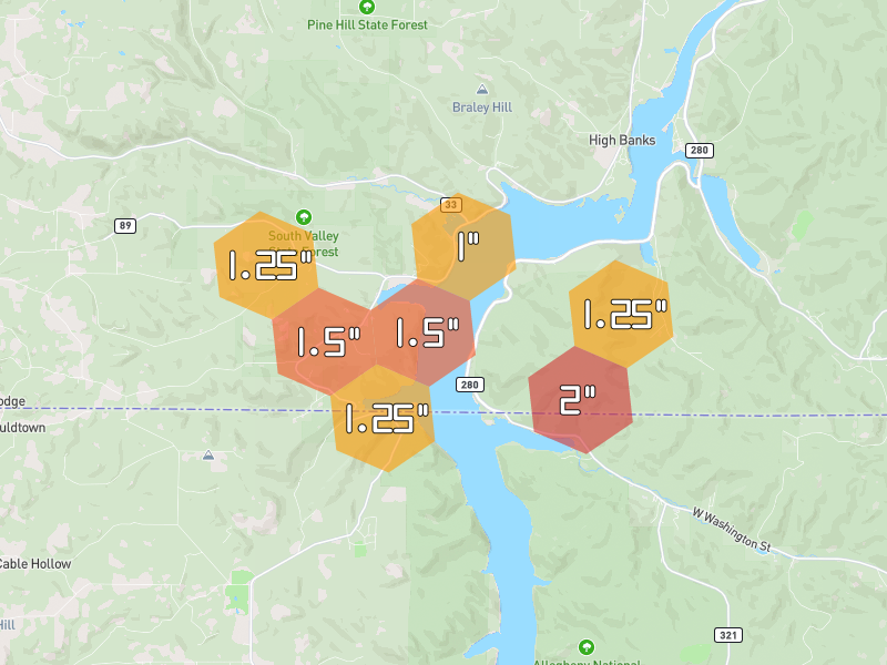 Hail map of Salamanca, NY on Jul 28, 2026, hail up to 2"