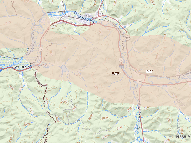 Radar-estimated hail-size map of the storm over Salamanca, NY on Sep 2, 2026