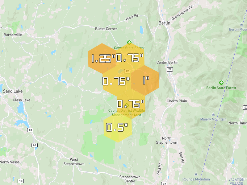 Hail map of Sand Lake, NY on Jul 2, 2026, hail up to 1.25"