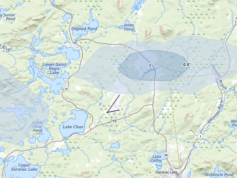 NEXRAD radar-signature map of the hail over Saranac Lake, NY
