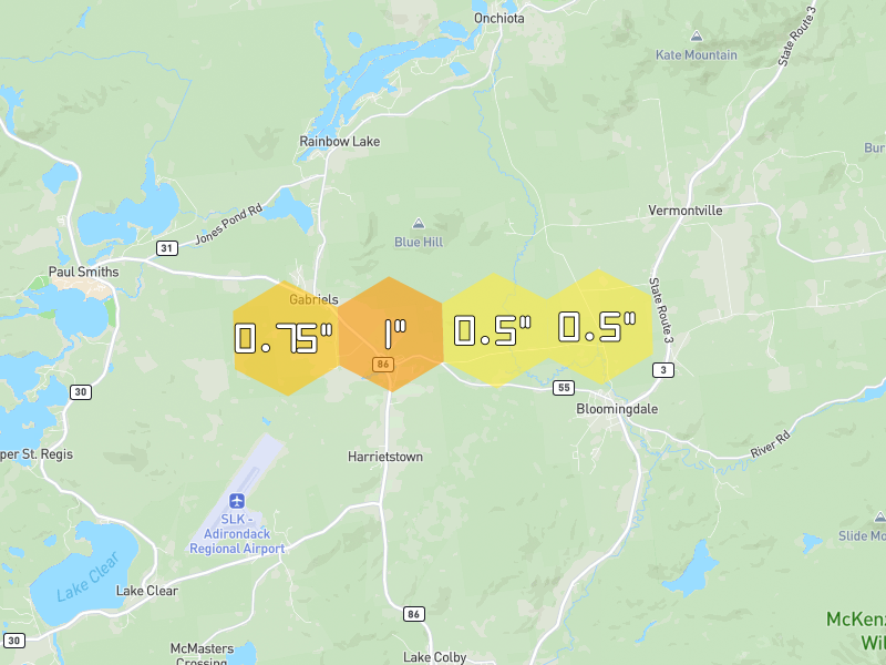 Hail map of Saranac Lake, NY on Jul 1, 2026, hail up to 1"
