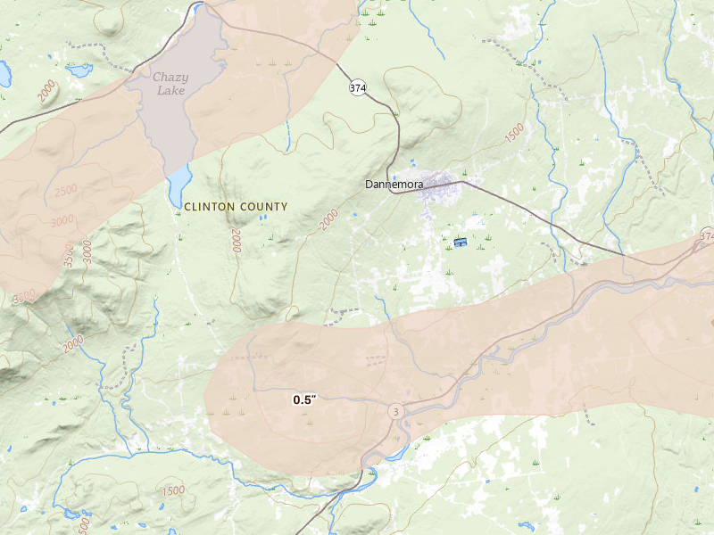 Radar-estimated hail-size map of the storm over Saranac, NY on Jul 1, 2026