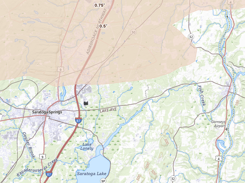 Radar-estimated hail-size map of the storm over Saratoga Springs, NY on Aug 27, 2026