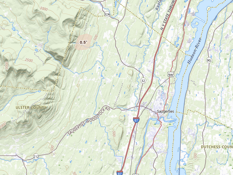 Radar-estimated hail-size map of the storm over Saugerties, NY on Aug 7, 2026