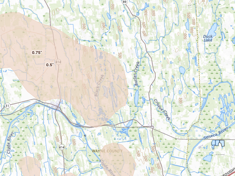 Radar-estimated hail-size map of the storm over Savannah, NY on Jun 30, 2026