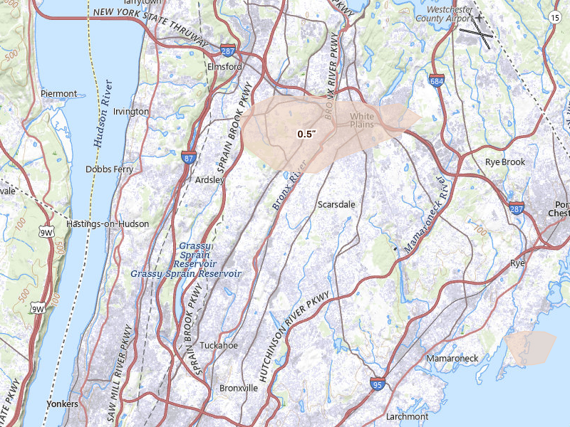 Radar-estimated hail-size map of the storm over Scarsdale, NY on May 20, 2026