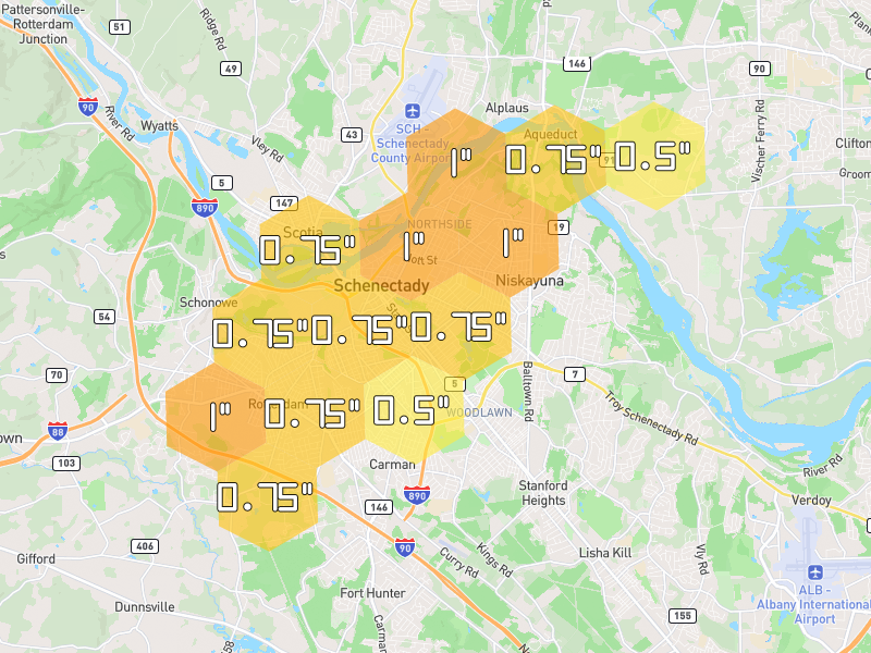 Hail map of Schenectady, NY on Jul 1, 2026, hail up to 1"