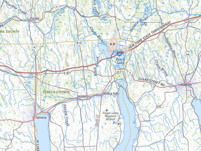 Radar-estimated hail-size map of the storm over Seneca Falls, NY on Jun 10, 2026