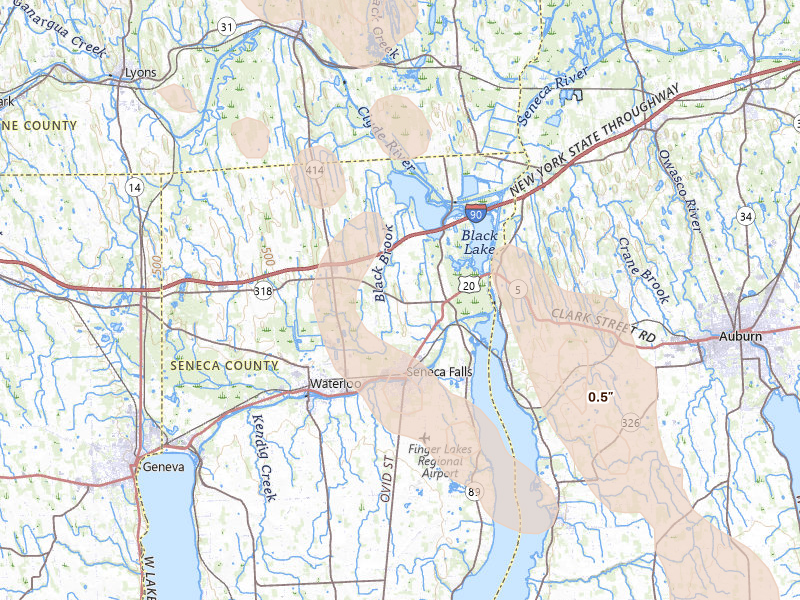 Radar-estimated hail-size map of the storm over Seneca Falls, NY on Jun 30, 2026