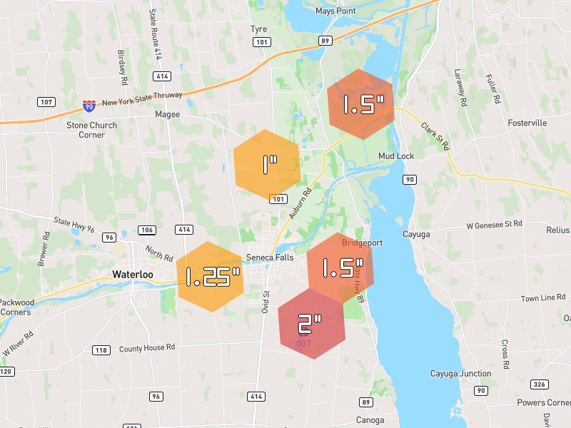 Hail map of Seneca Falls, NY on Jun 30, 2026, hail up to 2"