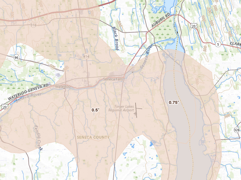Radar-estimated hail-size map of the storm over Seneca Falls, NY on Sep 2, 2026