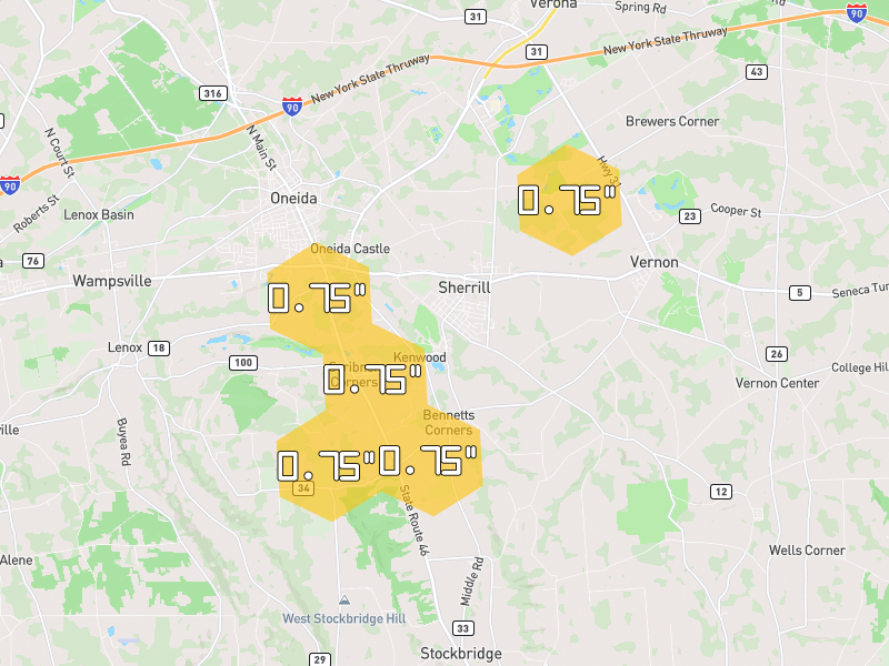 Hail map of Sherrill, NY on Jul 1, 2026, hail up to 0.75"