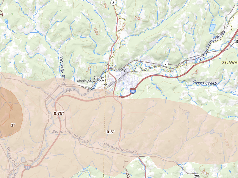 Radar-estimated hail-size map of the storm over Sidney, NY on Mar 31, 2026