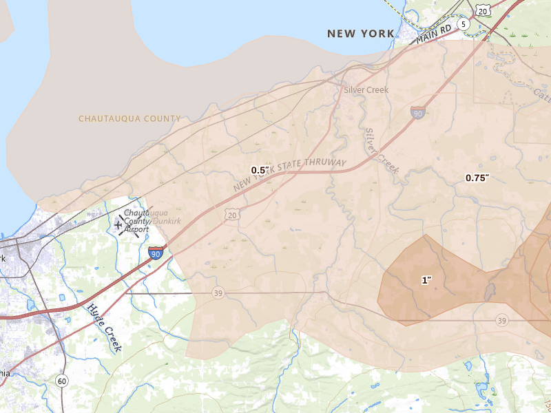Radar-estimated hail-size map of the storm over Silver Creek, NY on Mar 31, 2026
