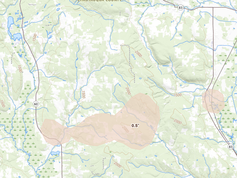 Radar-estimated hail-size map of the storm over Sinclairville, NY on Jul 27, 2026