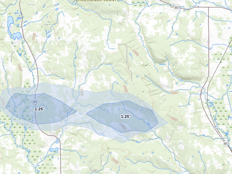 NEXRAD radar-signature map of the hail storm over Sinclairville, NY on Jul 27, 2026