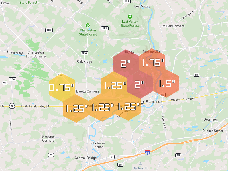 Hail map of Sloansville, NY on Jul 1, 2026, hail up to 2"