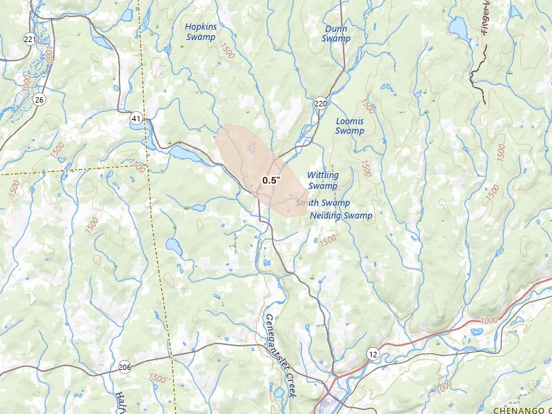 Radar-estimated hail-size map of the storm over Smithville Flats, NY on Jun 30, 2026
