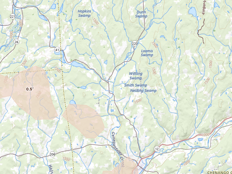 Radar-estimated hail-size map of the storm over Smithville Flats, NY on Jul 3, 2026