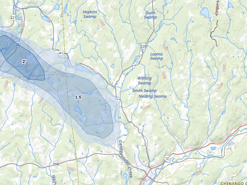 NEXRAD radar-signature map of the hail storm over Smithville Flats, NY on Jul 3, 2026