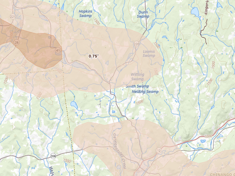 Radar-estimated hail-size map of the storm over Smithville Flats, NY on Jul 18, 2026