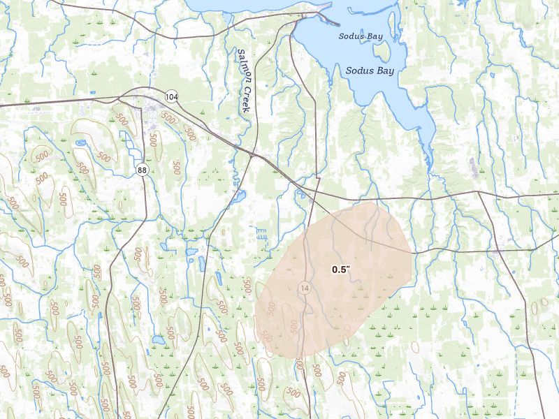 Radar-estimated hail-size map of the storm over Sodus, NY on May 13, 2026