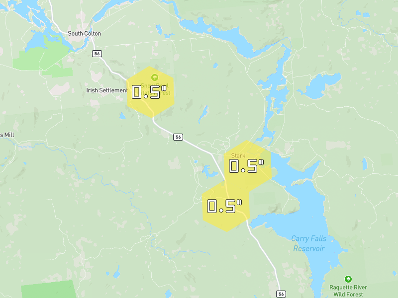 Hail map of South Colton, NY on Jul 2, 2026, hail up to 0.5"