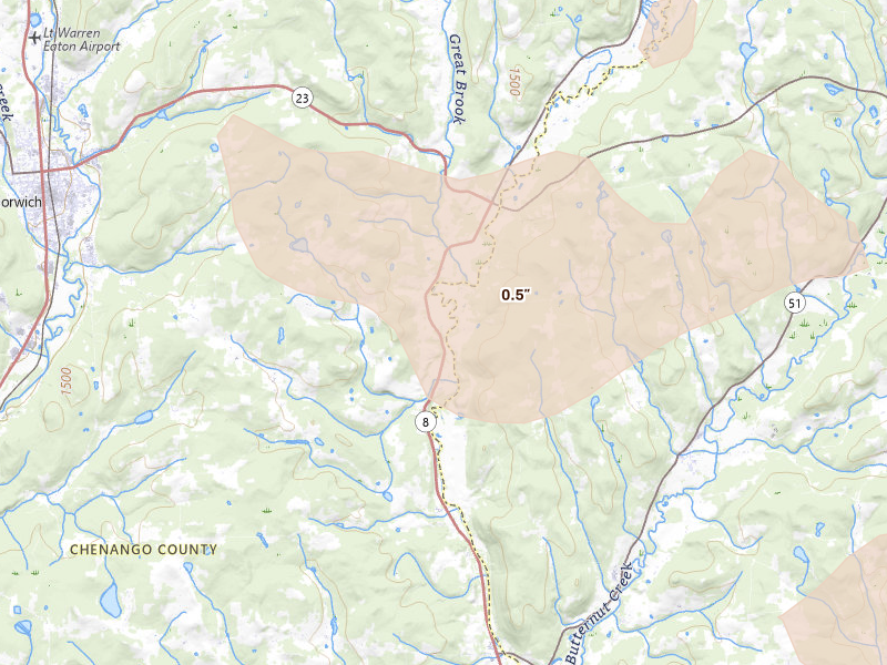 Radar-estimated hail-size map of the storm over South New Berlin, NY on Aug 27, 2026