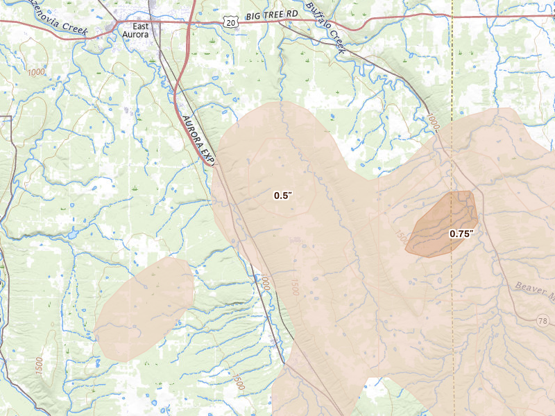 Radar-estimated hail-size map of the storm over South Wales, NY on Sep 2, 2026