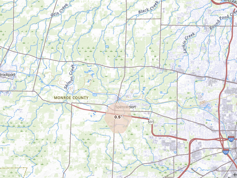 Radar-estimated hail-size map of the storm over Spencerport, NY on Jul 1, 2026