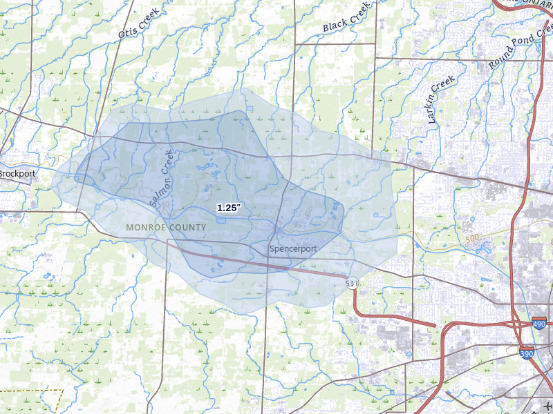 NEXRAD radar-signature map of the hail over Spencerport, NY