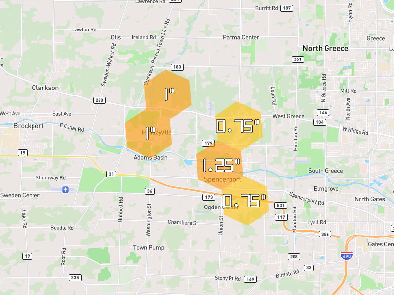 Hail map of Spencerport, NY on Jul 1, 2026, hail up to 1.25"