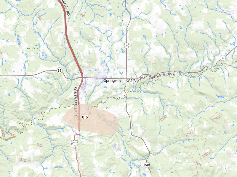 Radar-estimated hail-size map of the storm over Springville, NY on Jul 27, 2026