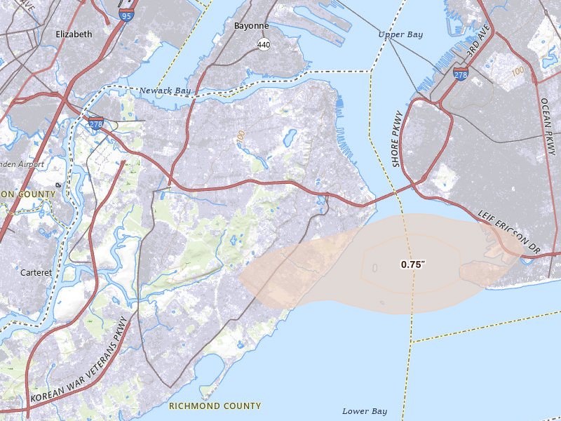Radar-estimated hail-size map of the storm over Staten Island, NY on May 20, 2026