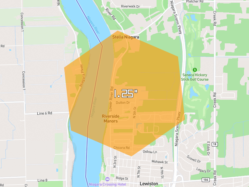 Hail map of Stella Niagara, NY on Jul 28, 2026, hail up to 1.25"