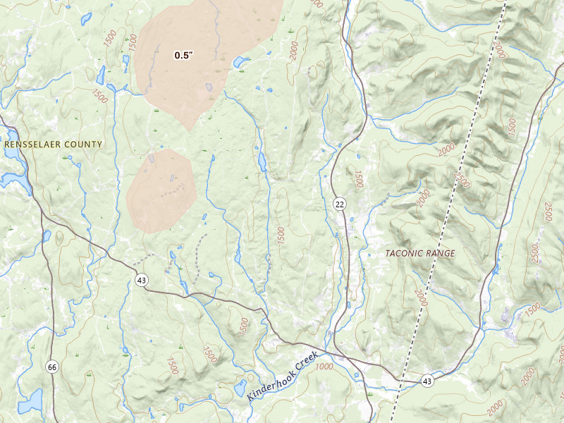 Radar-estimated hail-size map of the storm over Stephentown, NY on Jul 1, 2026