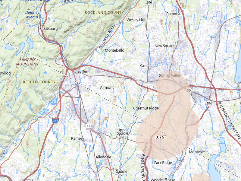 Radar-estimated hail-size map of the storm over Suffern, NY on Jul 27, 2026