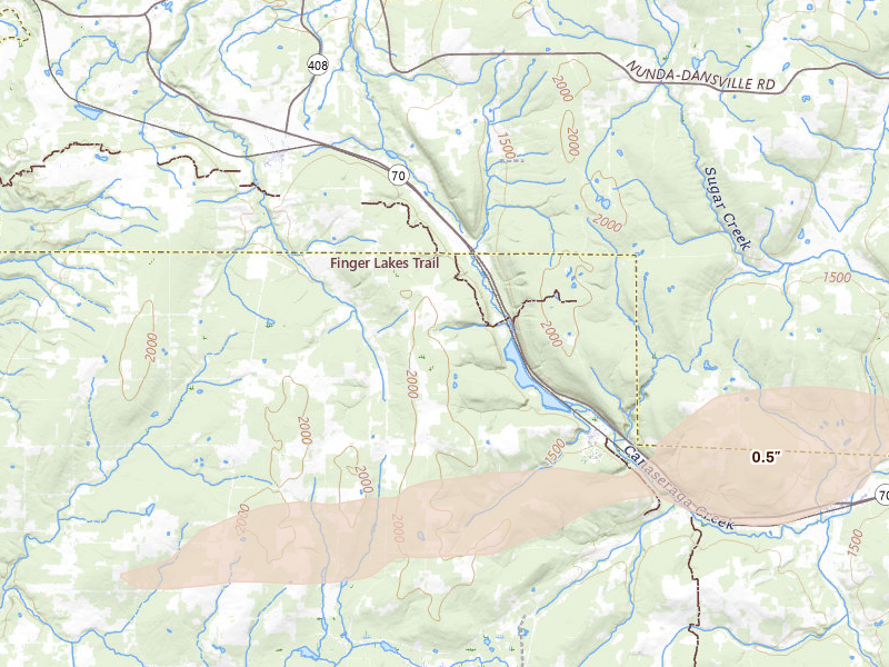 Radar-estimated hail-size map of the storm over Swain, NY on Mar 31, 2026