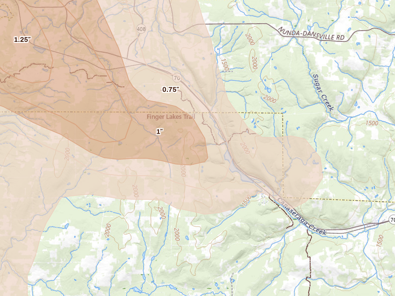 Radar-estimated hail-size map of the storm over Swain, NY on Sep 2, 2026