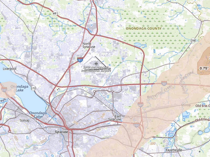 Radar-estimated hail-size map of the storm over Syracuse, NY on Aug 27, 2026