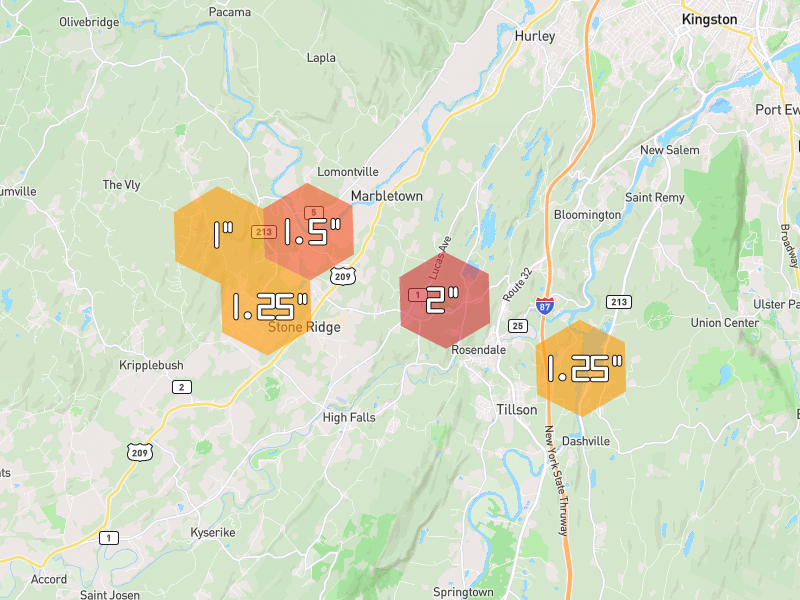 Hail map of Tillson, NY on Jun 6, 2026, hail up to 2"